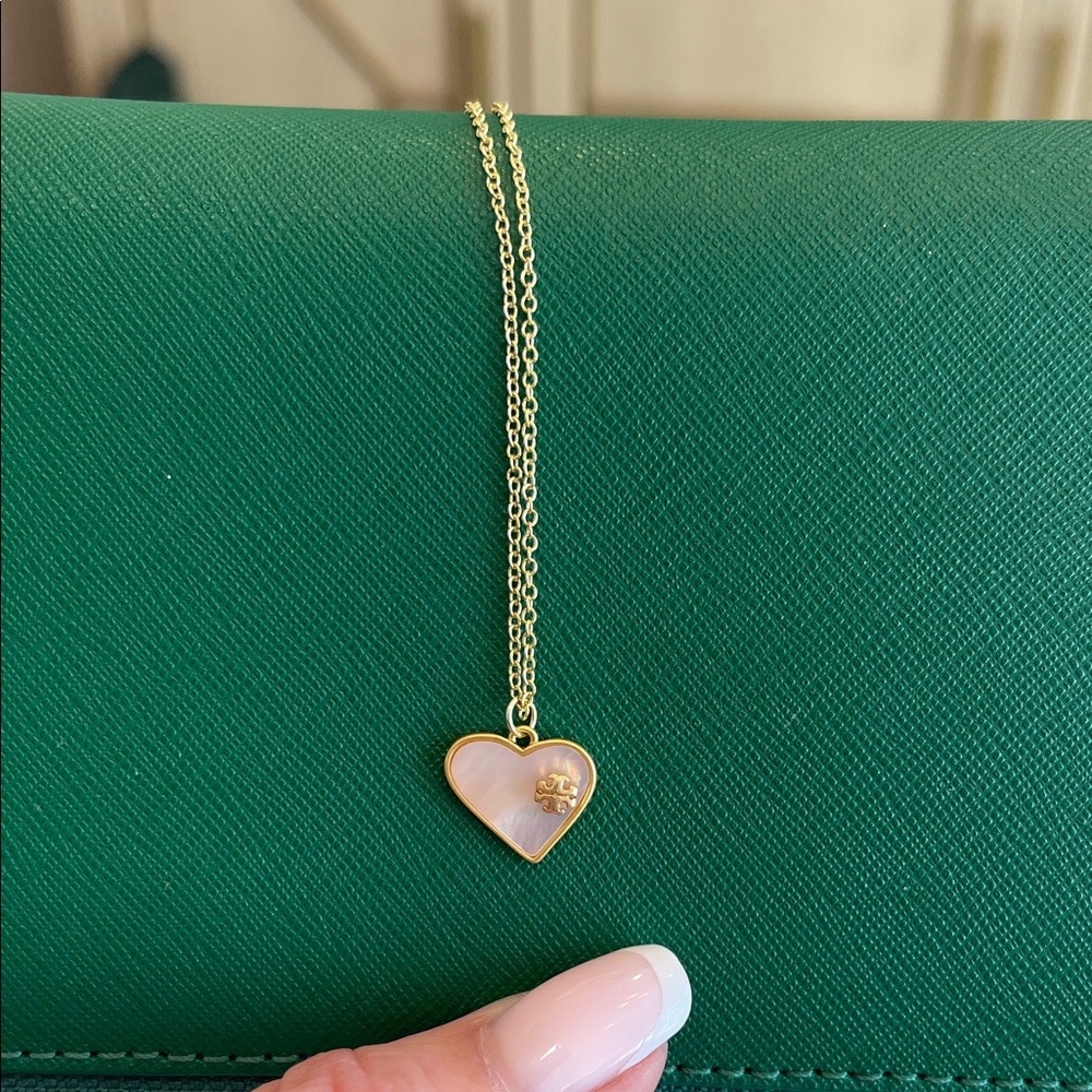 Tory Burch Gold Heart Pendant Necklace with Pink Inlay